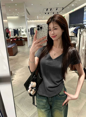 MosesQueen魔西女王灰色卷边短袖t恤夏季宽松显瘦休闲薄款v领上衣