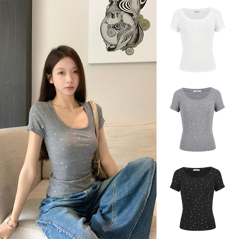 MosesQueen魔西女王甜辣妹性感锁骨U领短袖烫钻T恤掐腰紧身上衣