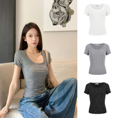 MosesQueen魔西女王甜辣妹性感锁骨U领短袖 烫钻T恤掐腰紧身上衣