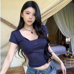 MosesQueen魔西女王大U領(lǐng)正肩短袖 百搭修身 薄款 上衣 T恤2025夏季