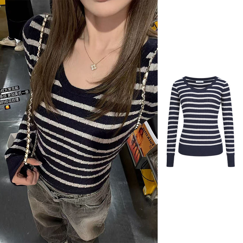 MosesQueen魔西女王条纹麻花针织衫新款内搭毛衣修身长袖打底上衣