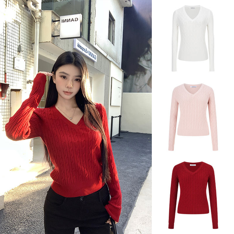 MosesQueen魔西女王简约百搭麻花V领针织毛衣秋冬修身长袖上衣