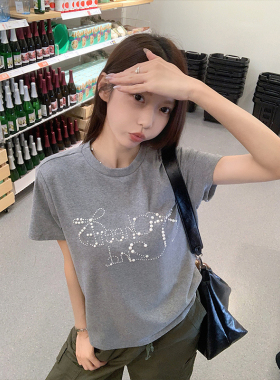 MosesQueen魔西女王蝴蝶结烫钻正肩短袖t恤夏季新款灰色宽松上衣