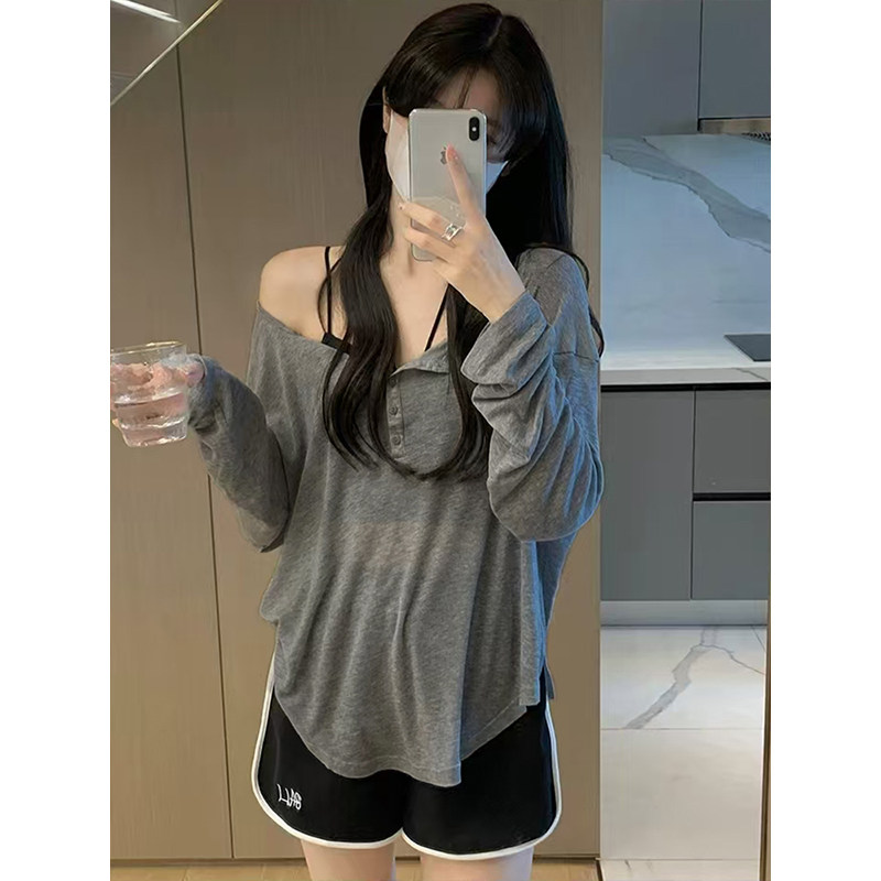 MosesQueen魔西女王灰色半开领长袖t恤薄款防晒罩衫宽松空调上衣