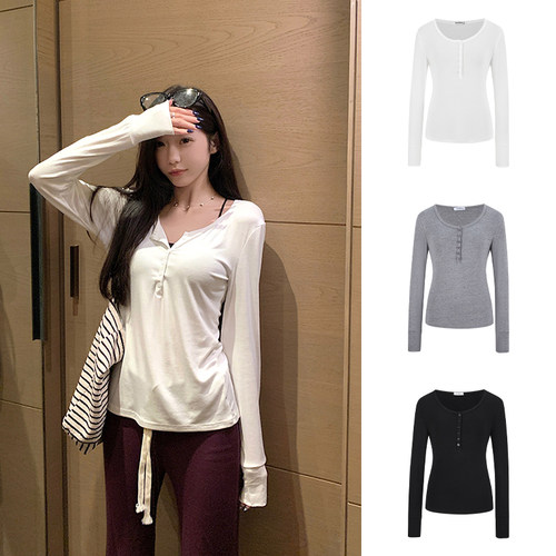 MosesQueen魔西女王美式半开领纽扣长袖T恤秋修身正肩内搭上衣