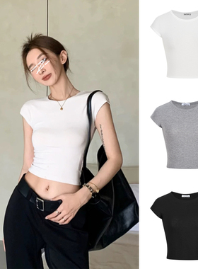 MosesQueen魔西女王辣妹短款露脐上衣小飞袖修身圆领短袖T恤