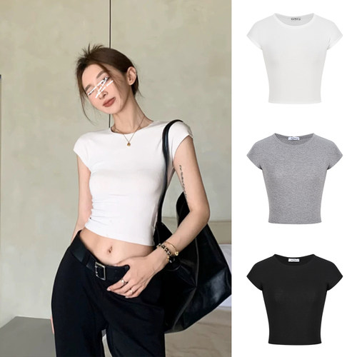 MosesQueen魔西女王辣妹短款露脐上衣小飞袖修身圆领短袖T恤