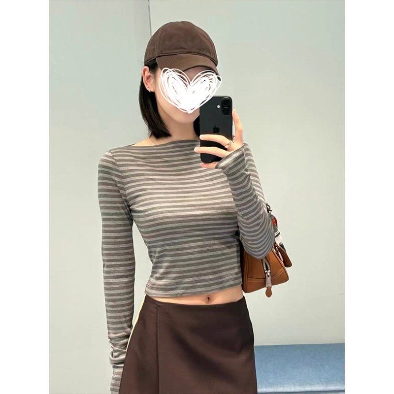 MosesQueen魔西女王条纹短款长袖T恤一字领显瘦修身打底衫上衣