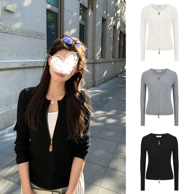 MosesQueen魔西女王黑色双拉链针织开衫女早秋新款修身上衣外套