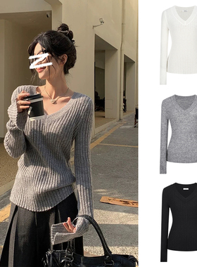 MosesQueen魔西女王灰色V领针织衫女秋季新款气质百搭外穿上衣