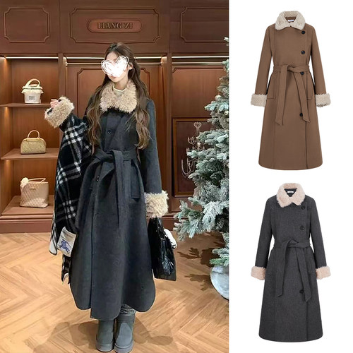 毛领呢子大衣女长款毛呢外套上衣