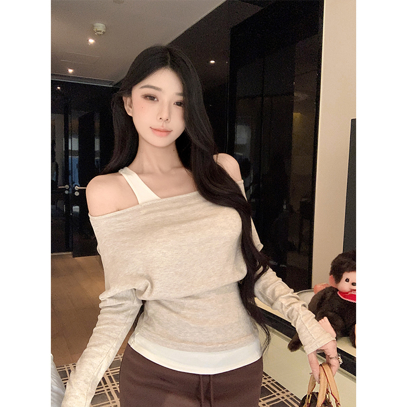 MosesQueen魔西女王杏色假两件一字领长袖t恤秋装性感显瘦上衣女