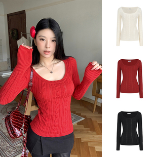 MosesQueen魔西女王圣诞红U领修身针织衫气质感显瘦内搭毛衣上衣