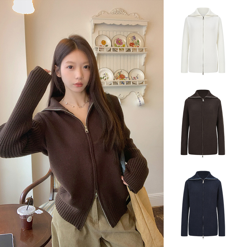 咖色翻领针织开衫毛衣外套上衣女