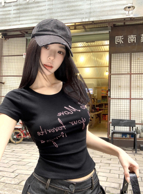 MosesQueen魔西女王黑色字母烫钻短袖T恤夏季新款修身显瘦短款T恤