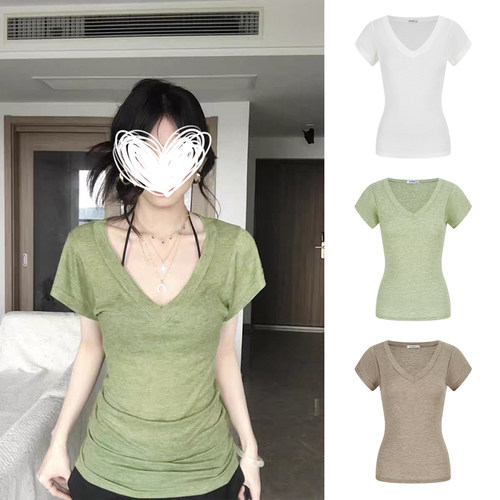 MosesQueen魔西女王松收腰V领薄款短袖微透显瘦t恤夏季休闲上衣女