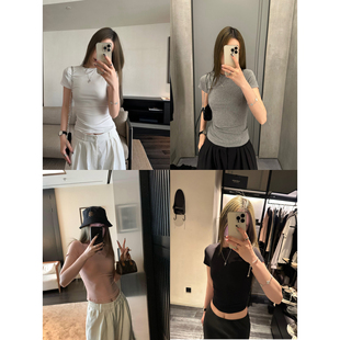 MosesQueen魔西女王白色正肩修身短袖t恤弹力显瘦内搭圆领上衣女