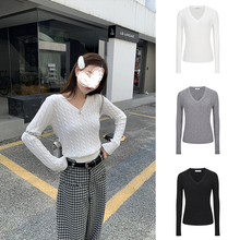 MosesQueen魔西女王基础款V领学院风长袖麻花毛衣修身针织上衣