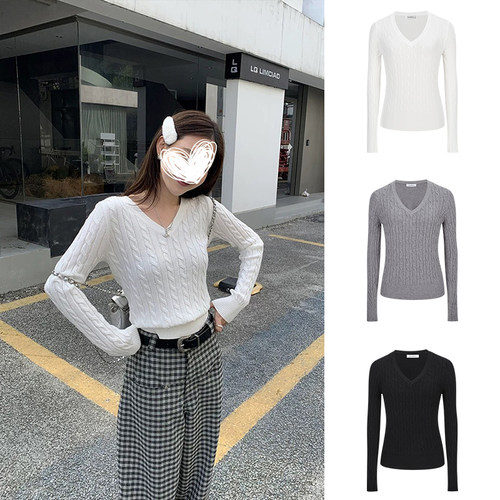 MosesQueen魔西女王基础款V领学院风长袖麻花毛衣修身针织上衣
