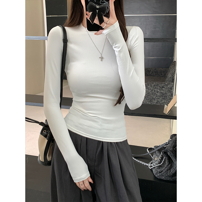 圆领竖坑条长袖加厚保暖打底衫
