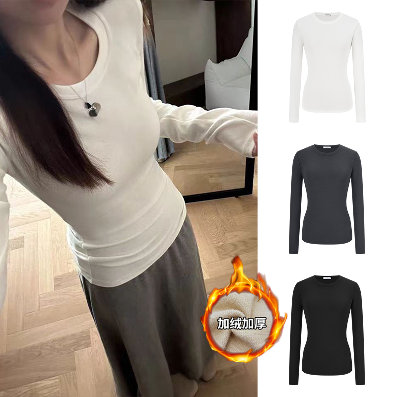 MosesQueen魔西女王加绒加厚直角肩圆领T恤白色长袖内搭打底衫