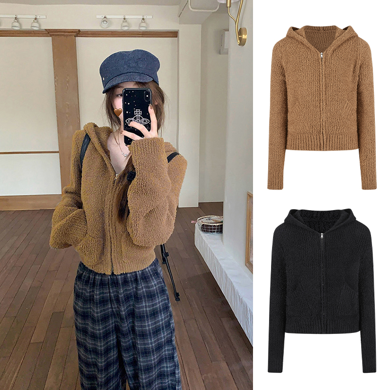 MosesQueen魔西女王加厚保暖连帽毛衣女秋冬双拉链针织开衫外套