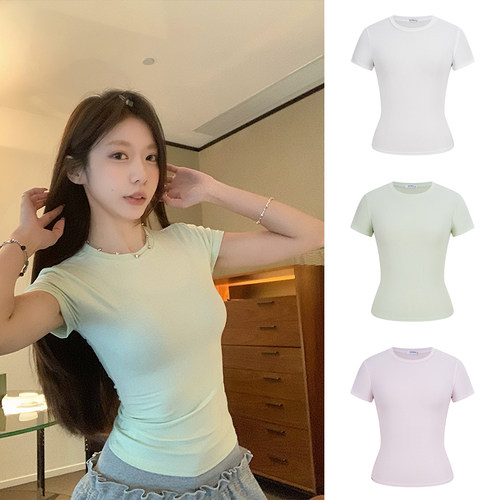 MosesQueen魔西女王多巴胺圆领短袖T恤莱赛尔修身显瘦百搭上衣女