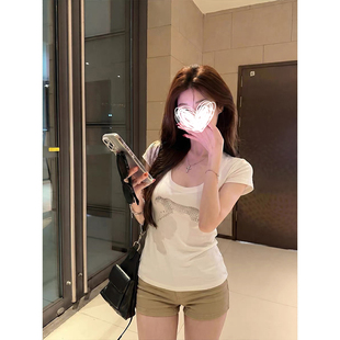 MosesQueen魔西女王豹子印花修身短袖t恤夏季白色显瘦U领白色上衣