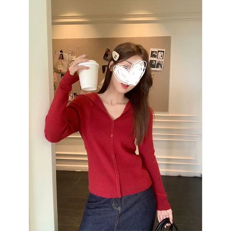 MosesQueen魔西女王红色圣诞辣妹翻领针织开衫新款正肩修身毛衣