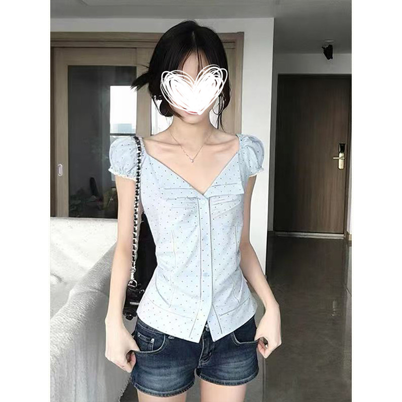 MosesQueen魔西女王浅蓝色波点翻领衬衫女收腰绑带泡泡袖短袖衬衣图片
