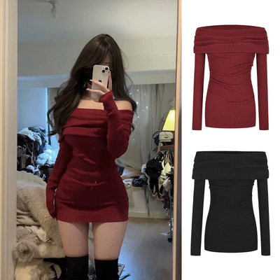 MosesQueen魔西女王法式圣诞红战袍一字肩针织连衣裙纯欲包臀裙