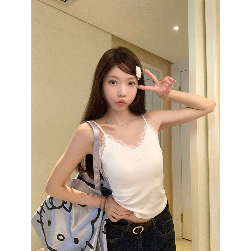 MosesQueen魔西女王白色蕾丝V领吊带背心免穿文胸带杯无袖上衣