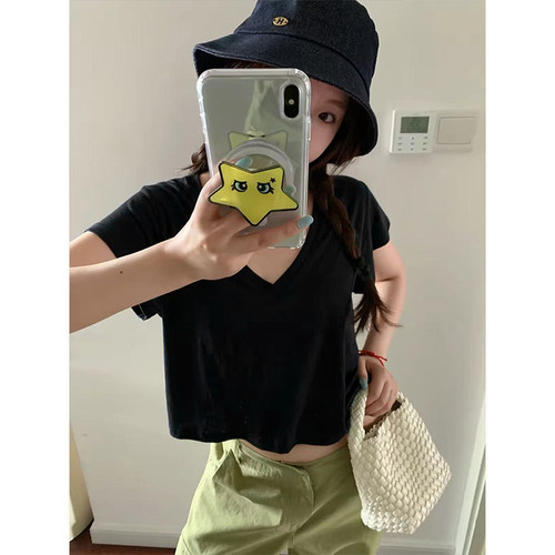 MosesQueen魔西女王黑色V领莱赛尔短袖T恤女夏季薄款