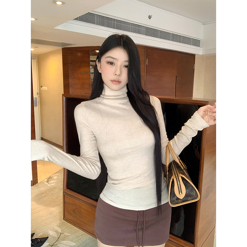 MosesQueen魔西女王正肩堆堆领打底衫女秋冬小立领长袖内搭上衣