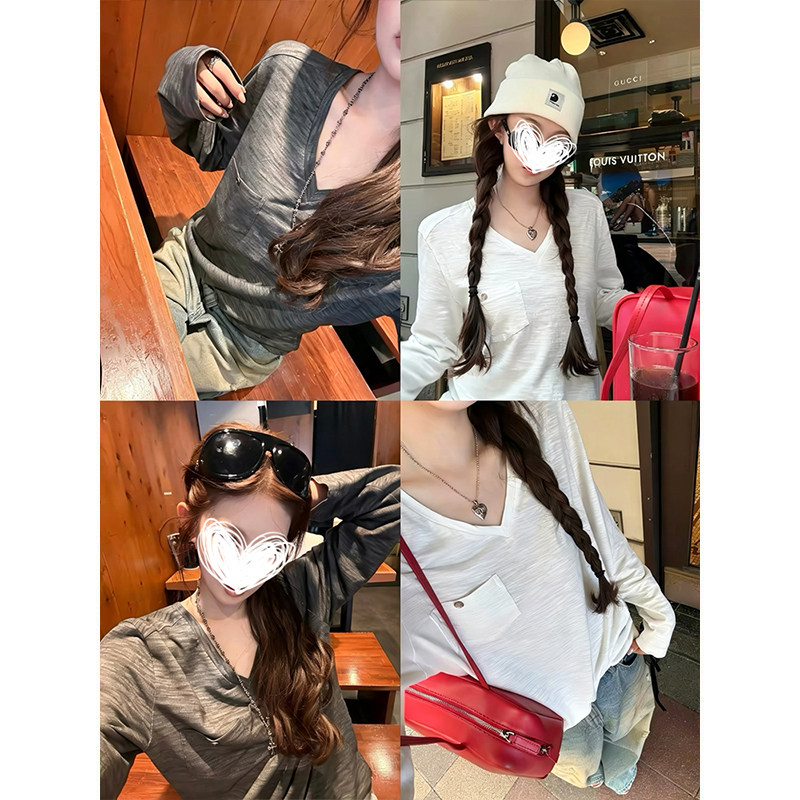 MosesQueen魔西女王灰色口袋V领长袖t恤秋季宽松慵懒竹节棉上衣图片