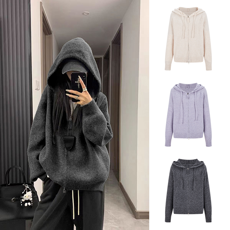 慵懒风宽松针织开衫连帽毛衣外套