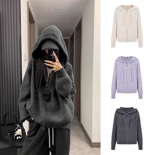 【清仓现货】灰色连帽毛衣外套女秋冬新款宽松针织开衫上衣