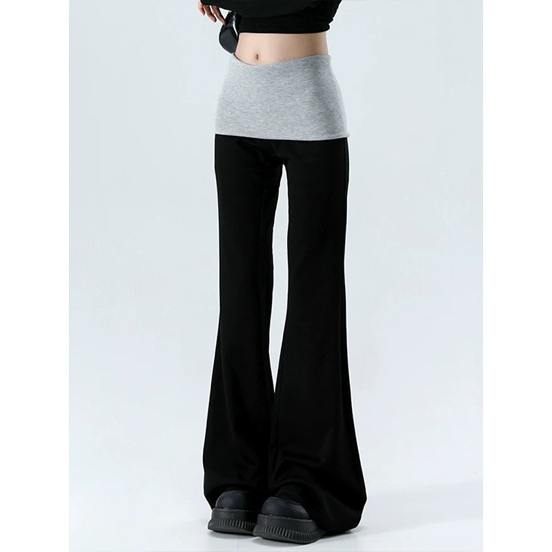 MosesQueen魔西女王黑色拼接微辣裤设计感修身显瘦拖地休闲裤