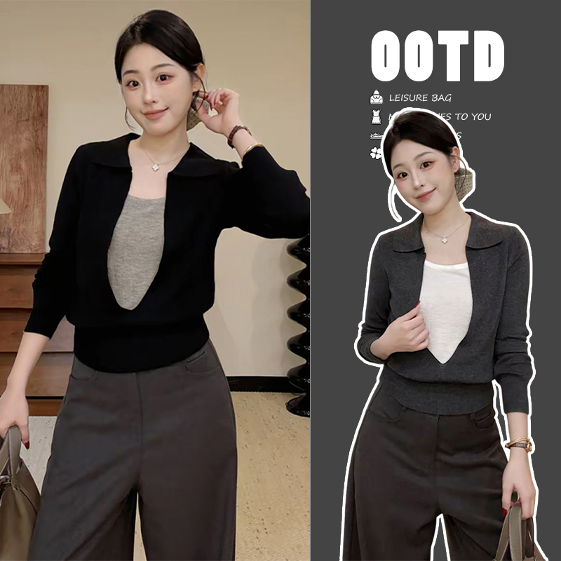 MosesQueen魔西女王设计感拼接假两件长袖秋季新款气质针织衫