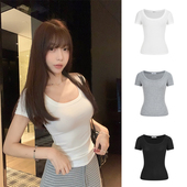 百搭基础款 修身 上衣 T恤女夏季 MosesQueen魔西女王白色U领正肩短袖