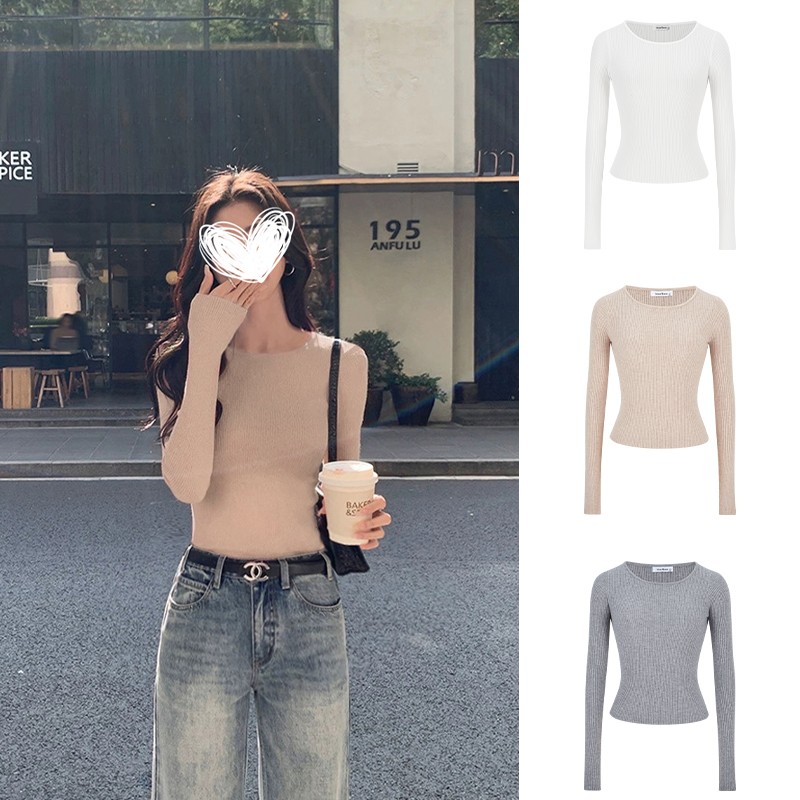 MosesQueen魔西女王韩版正肩圆领修身长袖T恤紧身显瘦针织上衣