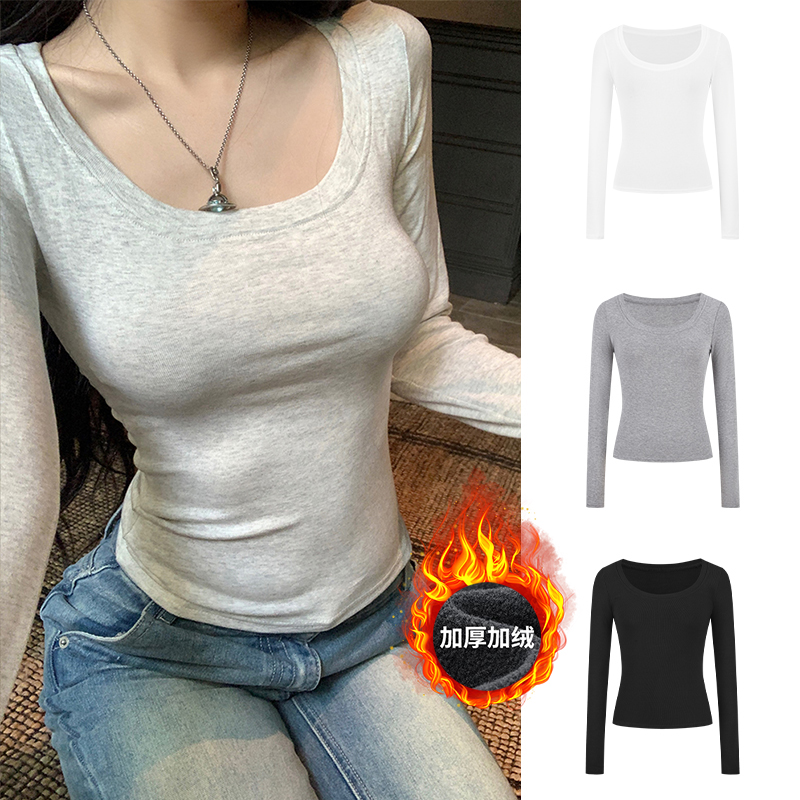 MosesQueen魔西女王白色U领长袖女秋冬新款加绒内搭外穿上衣t恤