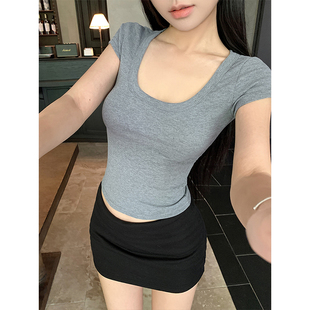 新款 修身 正肩方領(lǐng)短袖 短款 T恤 女2025夏季 MosesQueen魔西女王美式