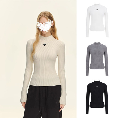 MosesQueen魔西女王灰色半高领坑条长袖针织打底衫修身内搭上衣女