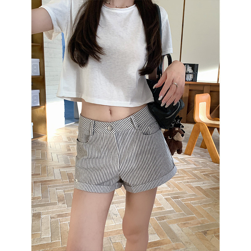 MosesQueen魔西女王黑白条纹A字休闲短裤夏季卷边显瘦直筒热裤子