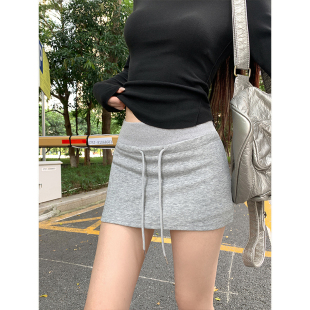 MosesQueen魔西女王灰色半身裙辣妹抽绳运动短裙高腰显瘦包臀裙