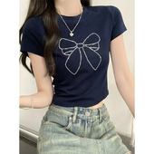 MosesQueen魔西女王蝴蝶结烫钻设计正肩短袖 T恤辣妹短款 上衣