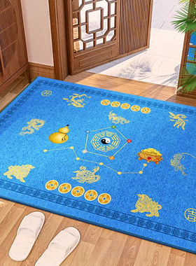 蓝色入户门地垫五帝钱七星门垫五行风水地毯家用门口进门室内脚垫