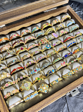 甜酷五彩斑斓珐琅滴釉气质宫廷风复古戒指女网红爆款花朵小众指环