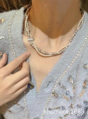 双层项链毛衣链女手工锁骨链饰品琛墨银灰色混色S925纯银施家珍珠